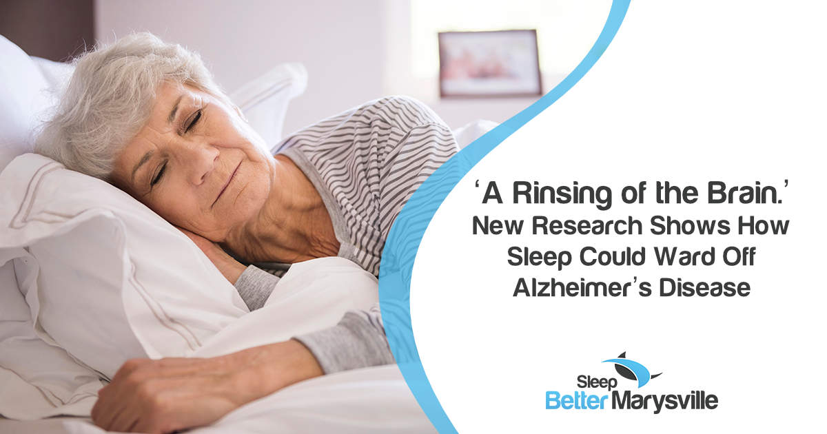 Older adult resting peacefully in bed with text about sleep and Alzheimer’s research