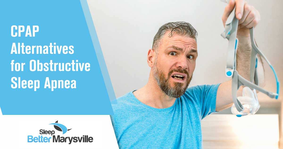 Image of unhappy shocked man with chronic breathing issues surprised by using CPAP machine sitting on the bed in bedroom. Obstructive Sleep Apnea (OSA) affects millions of people, causing disrupted sleep and leaving them feeling exhausted and frustrated. Continuous Positive Airway Pressure (CPAP) machines are the most common treatment, but they come with several drawbacks that make it challenging for many individuals to adhere to their use. Struggling with OSA can have a severe impact on your quality of life. The noise, discomfort, and inconvenience of CPAP machines make it difficult to sleep well and lead to additional stress and anxiety. Sleep Better Marysville offers a revolutionary alternative for those suffering from OSA. Our CPAP alternatives provide effective treatment options that are comfortable, convenient, and can significantly improve your sleep quality without the need for a noisy machine. Experience the freedom of restful sleep without the hassle of cumbersome equipment. Our personalized solutions will help you find the relief you deserve while addressing the specific challenges you face with obstructive sleep apnea. Don't let OSA control your life any longer. Discover the CPAP alternatives offered by Sleep Better Marysville and start enjoying refreshing sleep again!