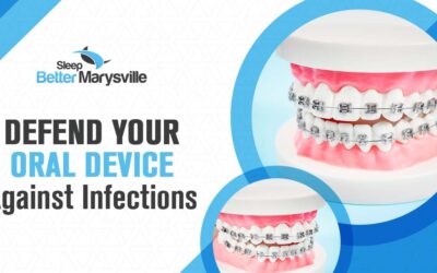 Image of an oral device with the text "Sleep Better Marysville" prominently displayed. The image also includes the message "Defend your oral device against infections," emphasizing the importance of maintaining oral hygiene and safety.