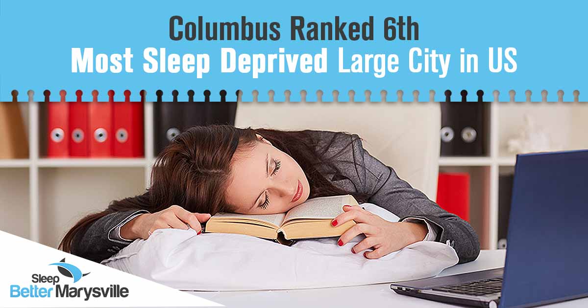 Image of a woman at a desk with her head down on her laptop, featuring the text "Sleep Better Marysville." The image also highlights the message "Columbus Ranked 6th Most Sleep Deprived Large City in US," emphasizing the impact of sleep deprivation in Columbus.