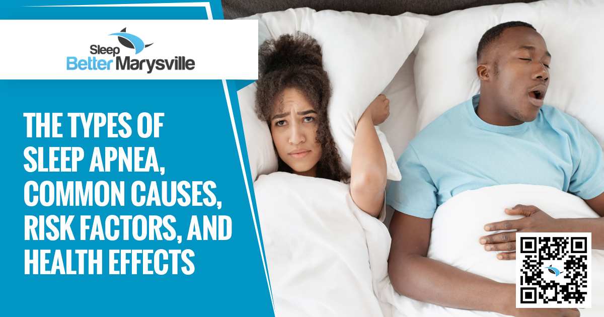 Compelling image of a woman and man peacefully sleeping, representing 'Sleep Better Marysville' and focusing on the comprehensive content about sleep apnea. The visual highlights information on the types of sleep apnea, common causes, risk factors, and health effects. This image is thoughtfully aligned with the page's context, providing valuable insights into sleep-related health topics.