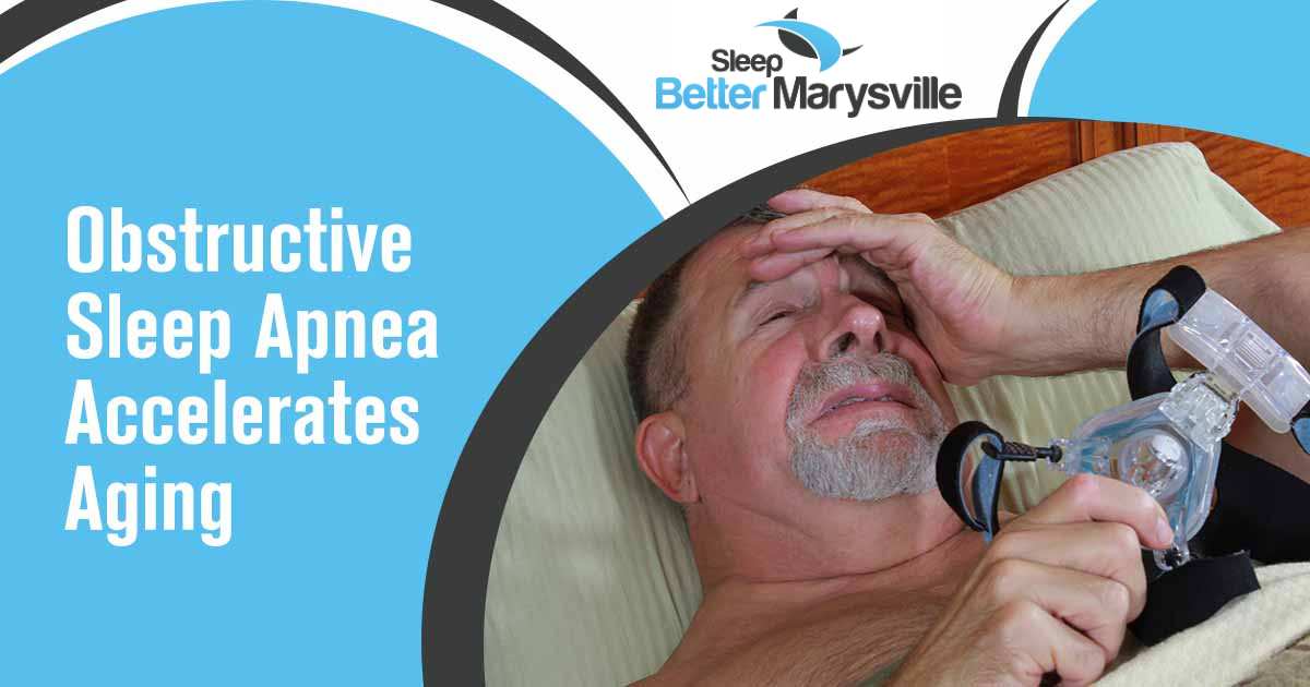 Image of Senior Adult Man frustrated with his CPAP in Bed. Tired of feeling exhausted every morning? Did you know that obstructive sleep apnea could be the culprit behind your restless nights? It's not just about feeling tired; it can actually accelerate the aging process and have a negative impact on your overall health. Imagine waking up every day feeling drained and lethargic, struggling to concentrate throughout the day. Your lack of quality sleep doesn't just affect your energy levels, but it also takes a toll on your appearance, making you appear older than you actually are. Don't let sleep apnea steal your vitality and rob you of a youthful glow. Sleep Better Marysville is here to help. Our team of sleep specialists understands the serious implications of untreated obstructive sleep apnea. Through personalized treatment plans and state-of-the-art technologies, we can address the root cause of your sleeping troubles, allowing you to enjoy restorative sleep and slow down the aging process. Say goodbye to fatigue and hello to rejuvenation with Sleep Better Marysville!