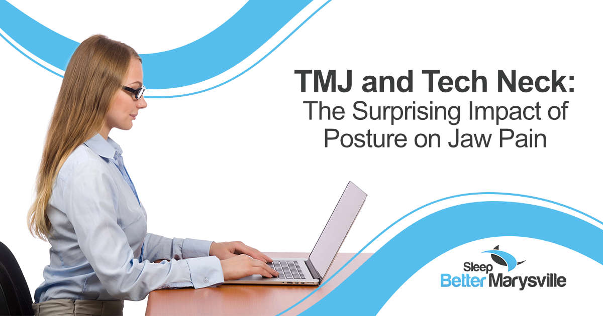 Woman demonstrating poor desk posture that may contribute to TMJ-related neck and jaw strain